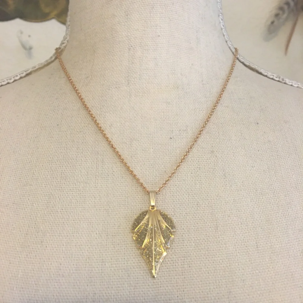 Sparkle enamel leaf pendant on gold chain necklace
